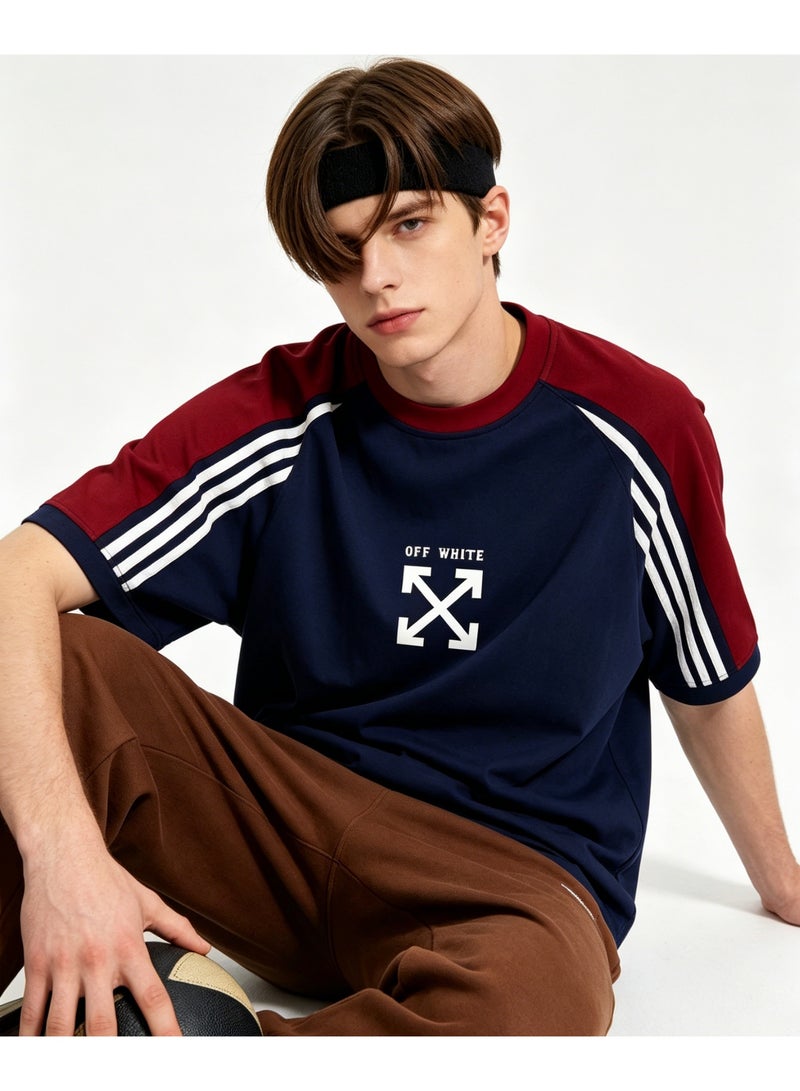 أوف-وايت OFF-WHITE retro campus three-bar shoulder-inserted round neck T-shirt with heavy cotton loose cover for men and women with street fashion tops. - Image 1