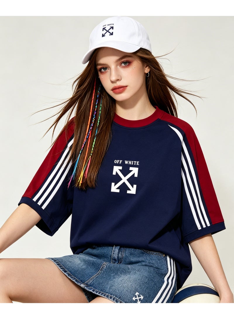 أوف-وايت OFF-WHITE retro campus three-bar shoulder-inserted round neck T-shirt with heavy cotton loose cover for men and women with street fashion tops. - Image 2