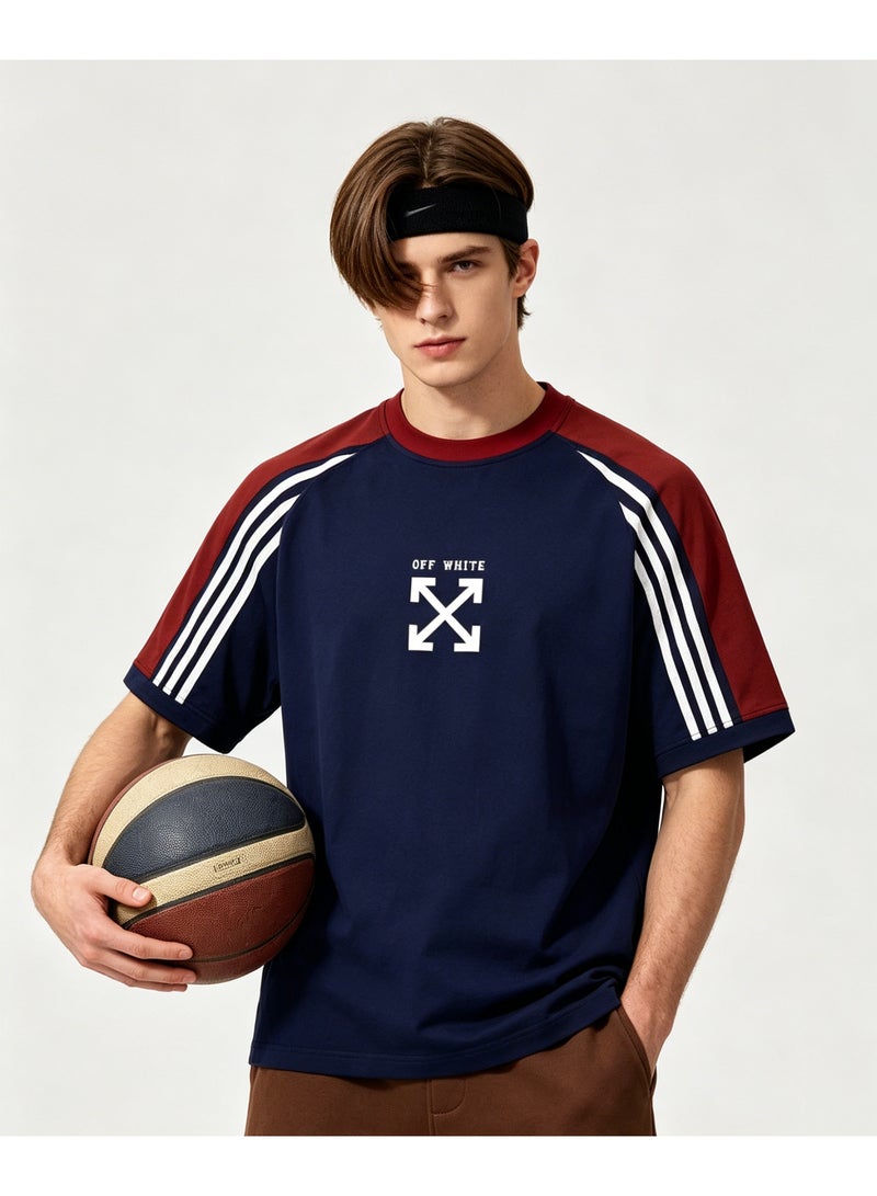 أوف-وايت OFF-WHITE retro campus three-bar shoulder-inserted round neck T-shirt with heavy cotton loose cover for men and women with street fashion tops. - Image 5