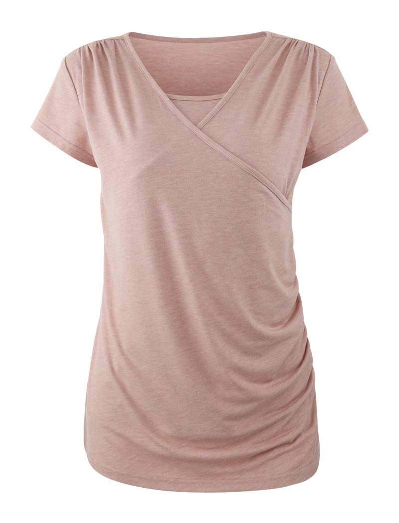 Ecavus 3PCS Women's Maternity Nursing Tops Short  Long Sleeve Side Ruched Breastfeeding Shirt (M, Black/Brown/Orange Pink) - Image 4