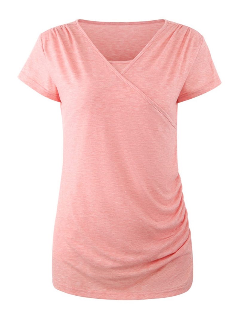 Ecavus 3PCS Women's Maternity Nursing Tops Short  Long Sleeve Side Ruched Breastfeeding Shirt (M, Black/Brown/Orange Pink) - Image 2