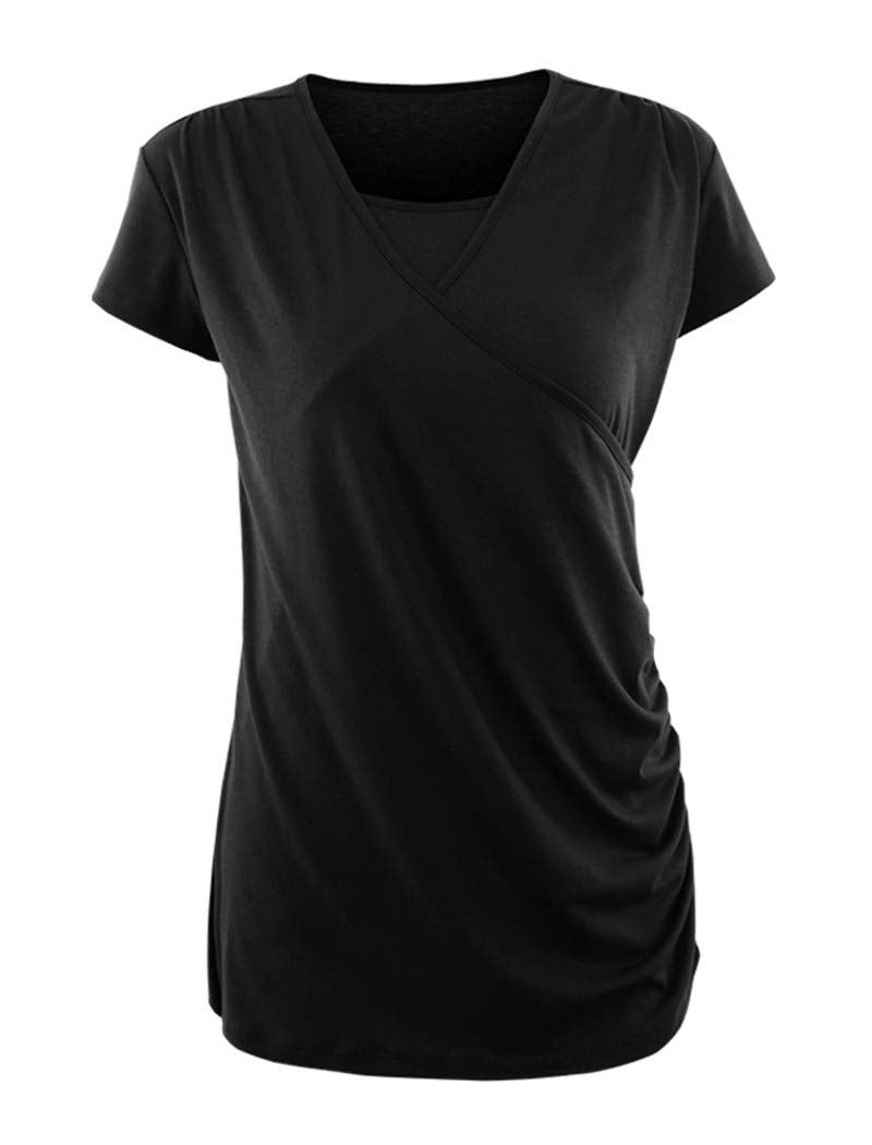 Ecavus 3PCS Women's Maternity Nursing Tops Short  Long Sleeve Side Ruched Breastfeeding Shirt (M, Black/Brown/Orange Pink) - Image 5