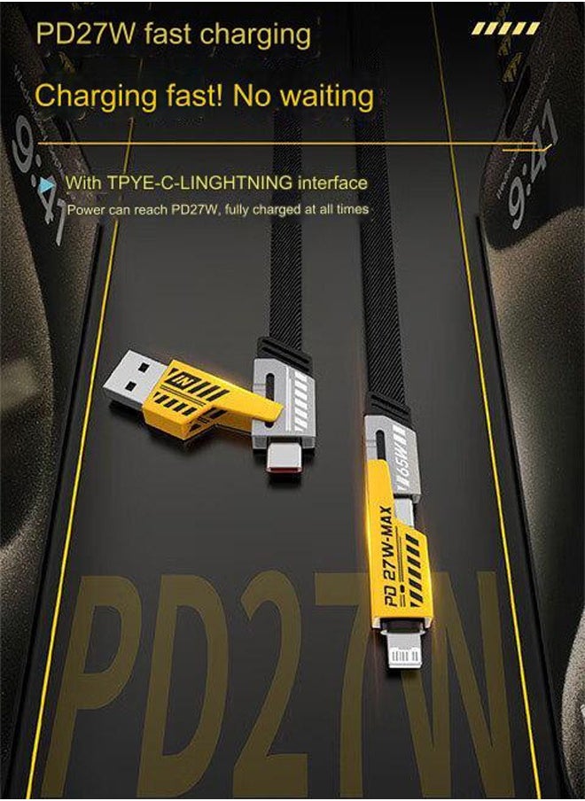 Generic - 65W Fast Charging Data Sync 4-in-1 Fast Charging Cable 1.2m Cable Lightning/Type-C/USB A Port, Fast Data Transfer, Flat Braid Anti-Tangle iPhone Charger Cable - Image 1