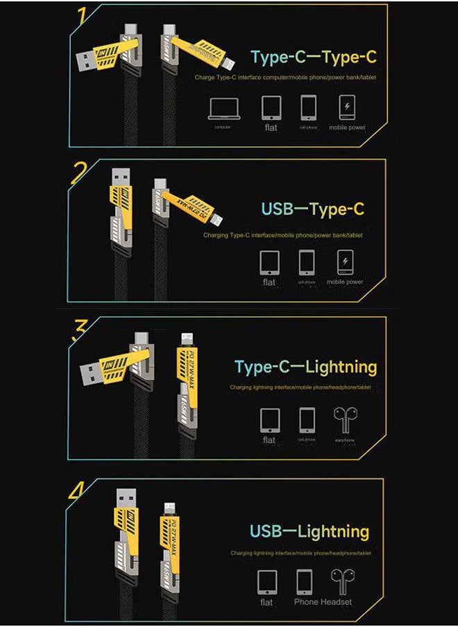 Generic - 65W Fast Charging Data Sync 4-in-1 Fast Charging Cable 1.2m Cable Lightning/Type-C/USB A Port, Fast Data Transfer, Flat Braid Anti-Tangle iPhone Charger Cable - Image 1