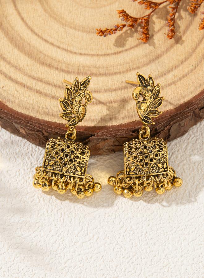 Take Two Gold Texture Bell Shape Jhumka Earrings - Image 1