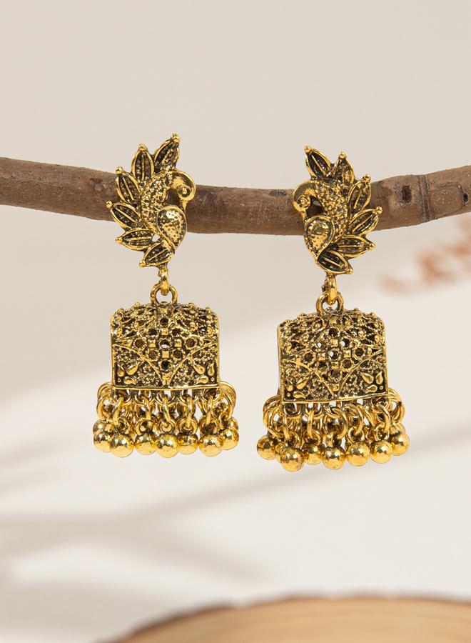 Take Two Gold Texture Bell Shape Jhumka Earrings - Image 3