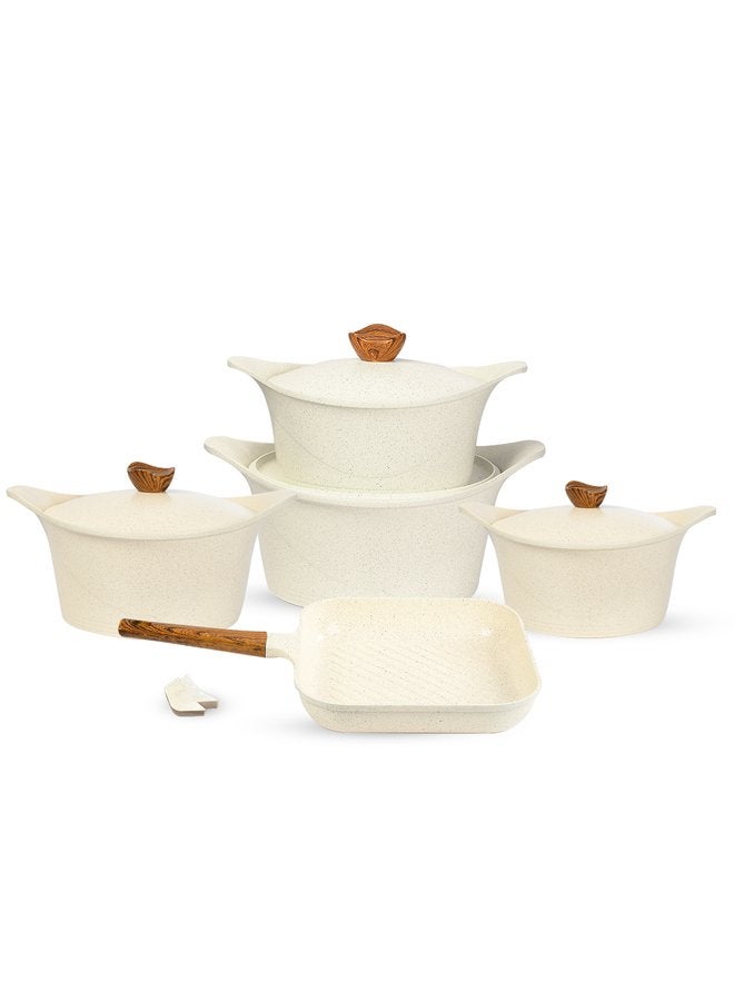 جلوري طقم حلل جرانيت غير لاصق بريميوم 11ق حلة( 18 + 20 + 24 + 28)+ جريل 28 + 2 ماسك لون بيج - Image 1