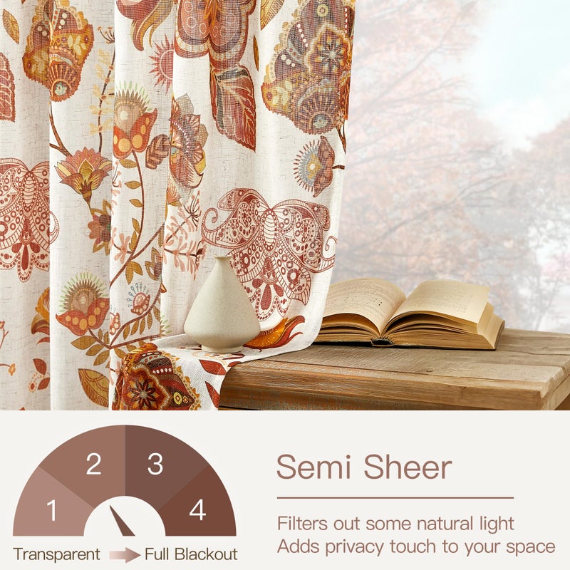 XiDi Terracotta Linen Sheer Curtains with Vintage Floral 84 Inches Long for Bedroom Living Room Back Tab Burnt Orange Leaf Flower Patterned Drapes Light Filtering Privacy 2 Panels Autumn Fall Decor - Image 3