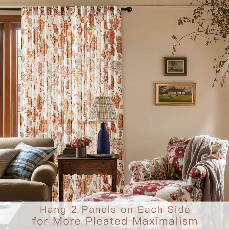 XiDi Terracotta Linen Sheer Curtains with Vintage Floral 84 Inches Long for Bedroom Living Room Back Tab Burnt Orange Leaf Flower Patterned Drapes Light Filtering Privacy 2 Panels Autumn Fall Decor - Image 2