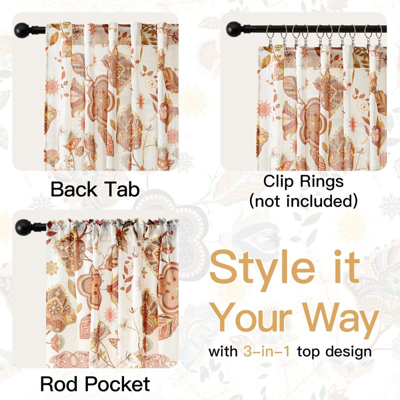 XiDi Terracotta Linen Sheer Curtains with Vintage Floral 84 Inches Long for Bedroom Living Room Back Tab Burnt Orange Leaf Flower Patterned Drapes Light Filtering Privacy 2 Panels Autumn Fall Decor - Image 5