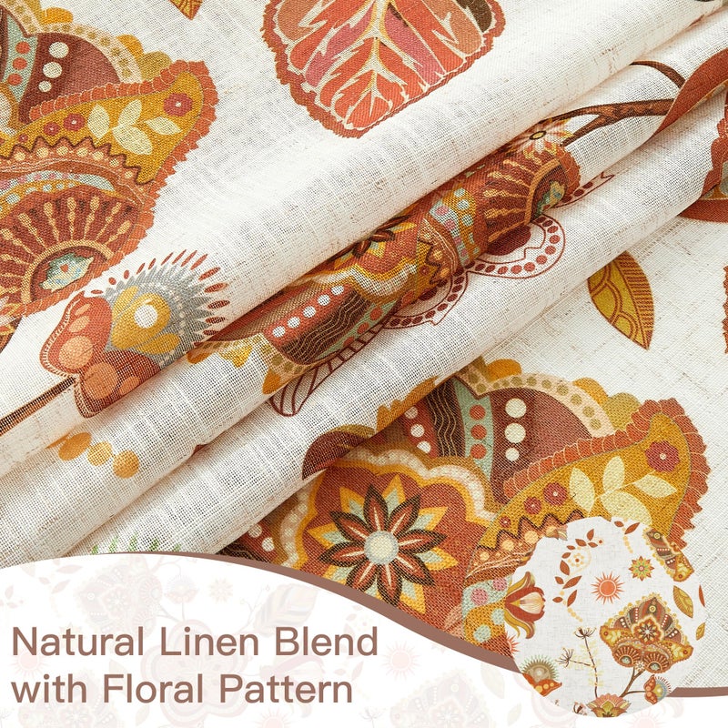 XiDi Terracotta Linen Sheer Curtains with Vintage Floral 84 Inches Long for Bedroom Living Room Back Tab Burnt Orange Leaf Flower Patterned Drapes Light Filtering Privacy 2 Panels Autumn Fall Decor - Image 4