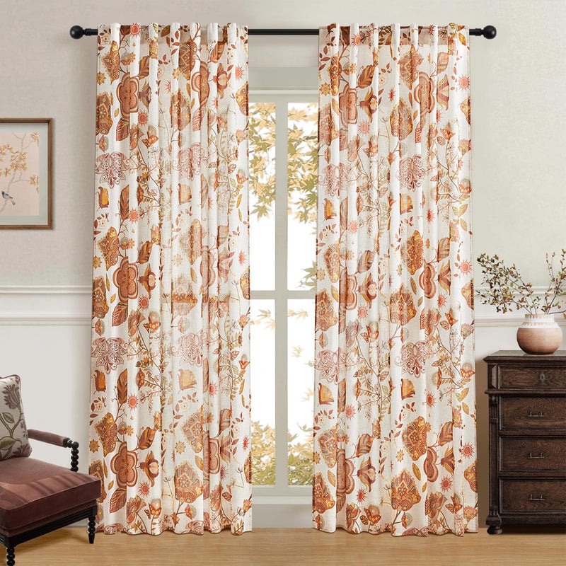 XiDi Terracotta Linen Sheer Curtains with Vintage Floral 84 Inches Long for Bedroom Living Room Back Tab Burnt Orange Leaf Flower Patterned Drapes Light Filtering Privacy 2 Panels Autumn Fall Decor - Image 1