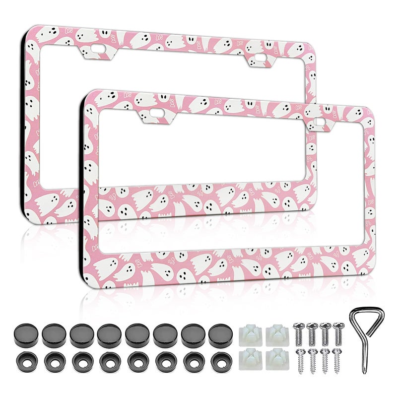 LIN KANG Pink Cute Ghost License Plate Frames for Women 2 Pack Pink Car Plate Holder Cover Car Accessories for US Canada Standard with Free Screws Fasteners Caps - Image 3