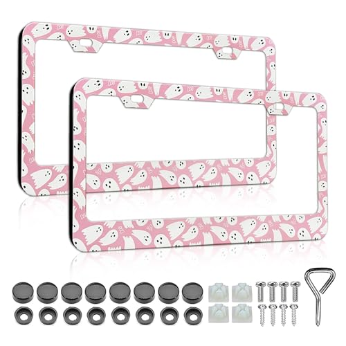 LIN KANG Pink Cute Ghost License Plate Frames for Women 2 Pack Pink Car Plate Holder Cover Car Accessories for US Canada Standard with Free Screws Fasteners Caps - Image 1