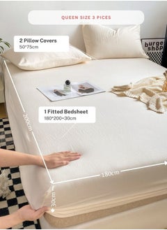 LUNA Home 3-Piece Set: queen-size fitted bedsheet and two pillowcases, washable cotton in a milky white color.  - Image 2