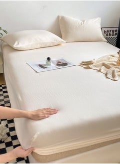 LUNA Home 3-Piece Set: queen-size fitted bedsheet and two pillowcases, washable cotton in a milky white color.  - Image 1