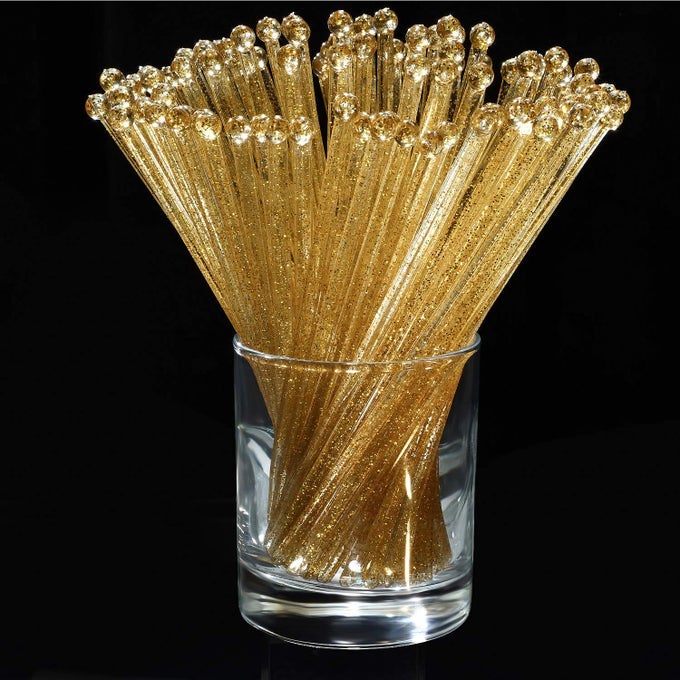100 PIECES DISPOSIBLE PLASTIC ROUND TOP CRYSTAL SWIZZLE STICKS GOLD