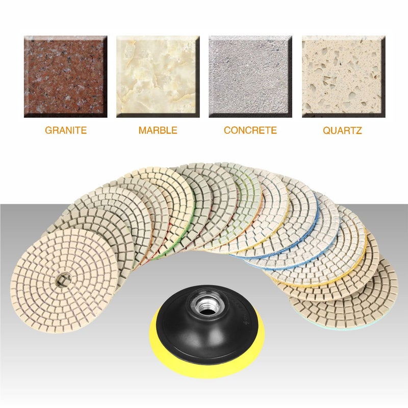 SPTA 15pcs Diamond Wet Polishing Pads Set, 4 inch Pads for Granite Stone Concrete Marble Floor Grinder or Polisher, 50#-6000# with Hook & Loop Backing Holder Pads for Wet Polisher - Image 5