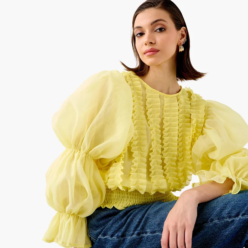 2Xtremz 2Xtremz Ruffle Detail Top with Round Neck and Long Sleeves