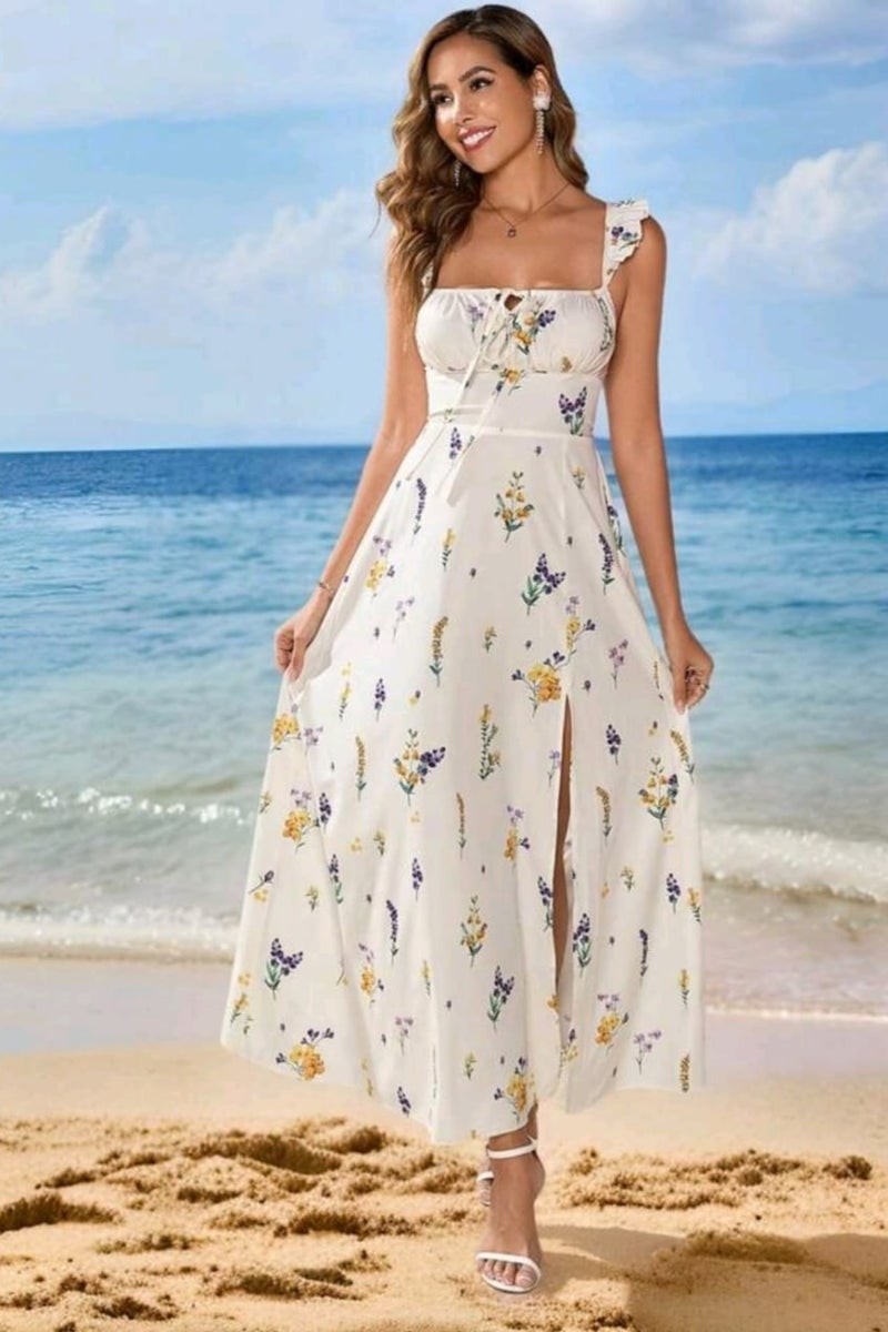 SHEIN Women's Elegant Square Neck Cap Sleeve Crisscross Backless Floral Print Slim Slit Dress - Image 1