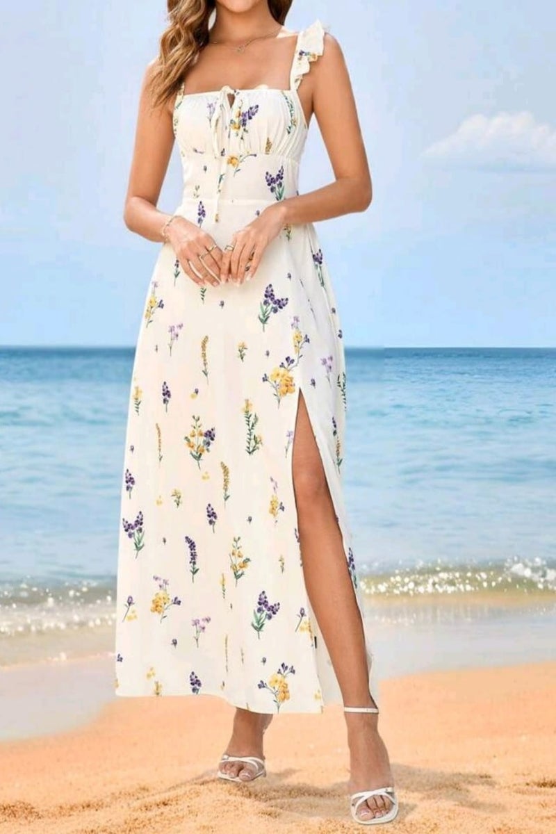 SHEIN Women's Elegant Square Neck Cap Sleeve Crisscross Backless Floral Print Slim Slit Dress - Image 4