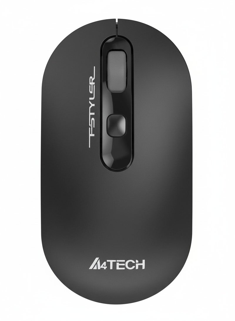 إيه 4 تيك فأرة لاسلكية FG20 Fstyler بتردد 2.4 جيجاهرتز | تصميم متماثل | 4 أزرار + عجلة 4 اتجاهات | دقة DPI بـ 3 مستويات | عمر بطارية طويل | متوافقة مع Windows/macOS – اللون الأسود.