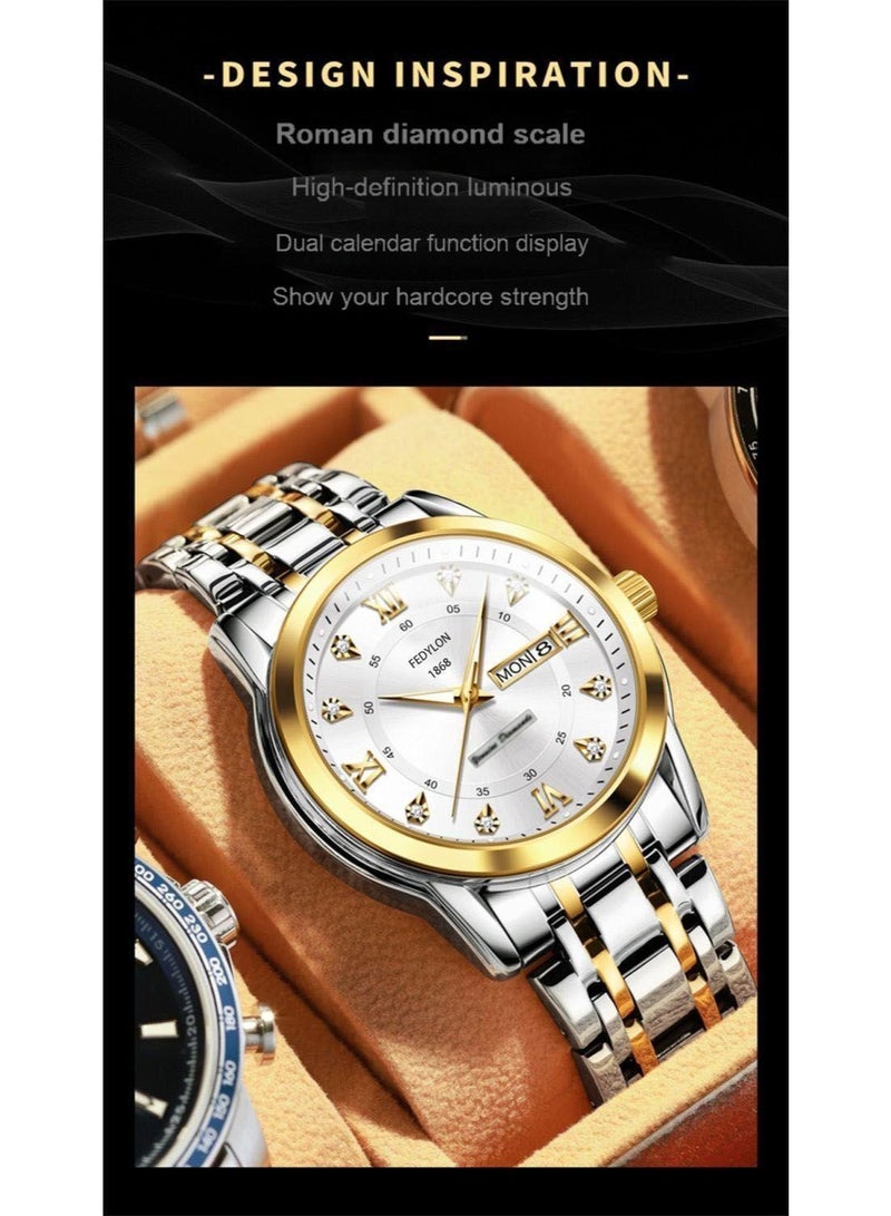 Fedylon FEDYLON Men’s Two-Tone Business Quartz Watch – White Dial, Dual Calendar, Luminous Hands, 30M Waterproof, Roman Numerals, Stainless Steel Look Wristwatch - Image 3