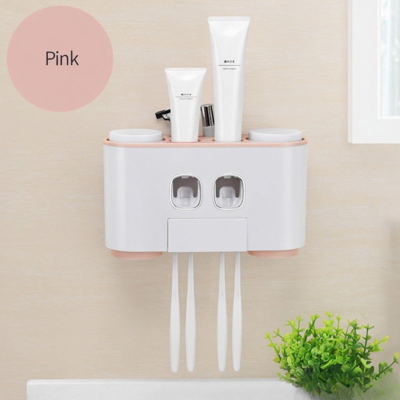 Wall-Mounted Toothbrush Holder: Pink 5 Slots 4 Cups 2 Toothpaste Dispensers - Drill-Free Self-Adhesive Easy Installation Bathroom Storage Rack for Family Wash Supply Organization - Image 4