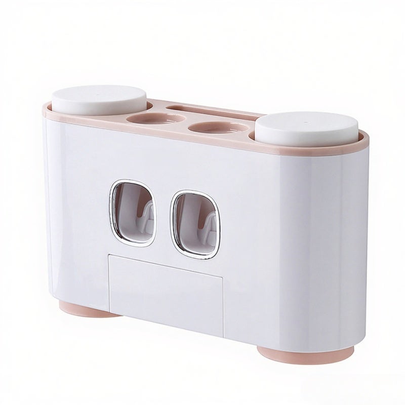 Wall-Mounted Toothbrush Holder: Pink 5 Slots 4 Cups 2 Toothpaste Dispensers - Drill-Free Self-Adhesive Easy Installation Bathroom Storage Rack for Family Wash Supply Organization - Image 1