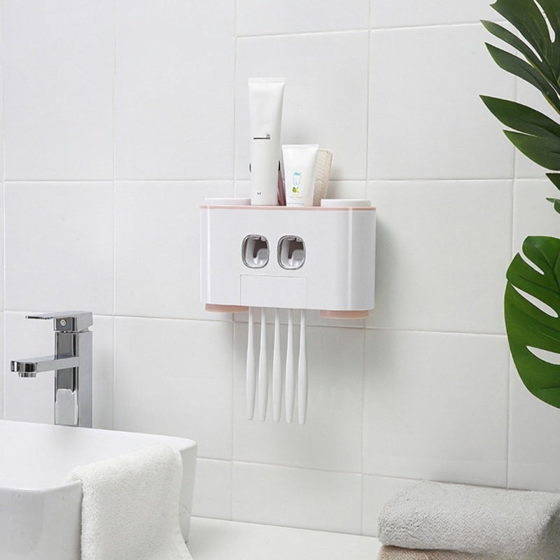 Wall-Mounted Toothbrush Holder: Pink 5 Slots 4 Cups 2 Toothpaste Dispensers - Drill-Free Self-Adhesive Easy Installation Bathroom Storage Rack for Family Wash Supply Organization - Image 5