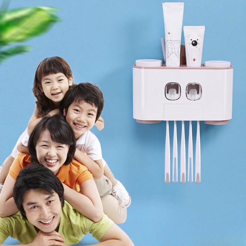 Wall-Mounted Toothbrush Holder: Pink 5 Slots 4 Cups 2 Toothpaste Dispensers - Drill-Free Self-Adhesive Easy Installation Bathroom Storage Rack for Family Wash Supply Organization - Image 3