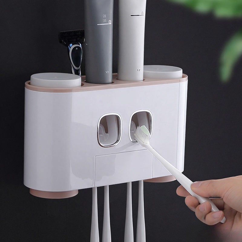 Wall-Mounted Toothbrush Holder: Pink 5 Slots 4 Cups 2 Toothpaste Dispensers - Drill-Free Self-Adhesive Easy Installation Bathroom Storage Rack for Family Wash Supply Organization - Image 2