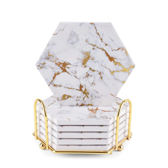 Marble Gold Coasters for Drinks Absorbent with Cork Base 6pcs Drink Coasters for Wooden Table with Metal Holder Gold Ceramic Cup Coaster Set Home Decor for Tabletop Protection