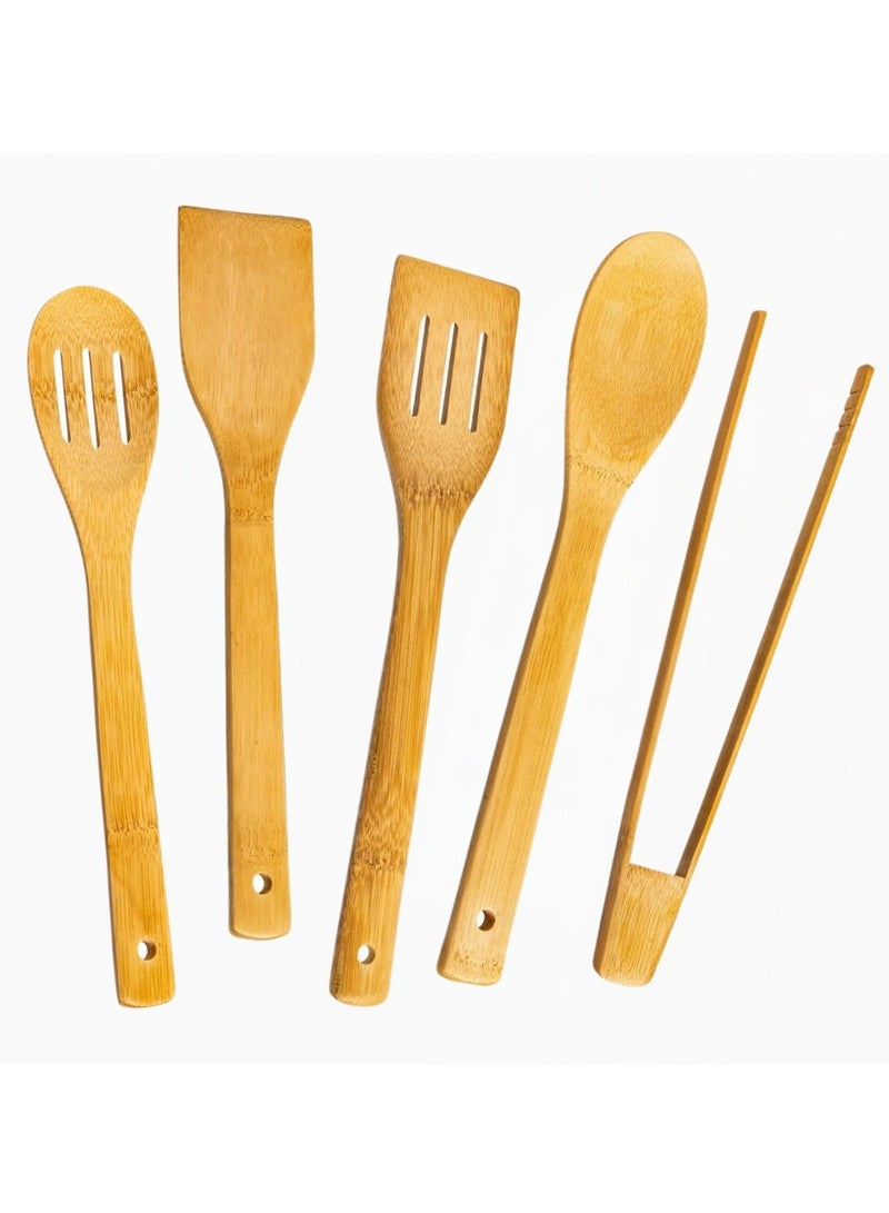 لوكاداه مجموعة أدوات طبخ خشبية من 6 قطع مع حامل - ملاعق خشبية للطهي وملاعق مسطحة، مجموعة مطبخ متينة من الخيزران لأواني الطهي غير اللاصقة، إكسسوارات مطبخ خشبية متينة مقاومة للحرارة، إكسسوارات مطبخ من الخيزران الطبيعي للاستخدام في المنزل والمطعم - Image 2