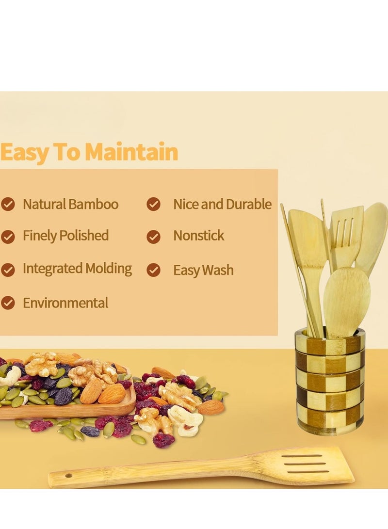 لوكاداه مجموعة أدوات طبخ خشبية من 6 قطع مع حامل - ملاعق خشبية للطهي وملاعق مسطحة، مجموعة مطبخ متينة من الخيزران لأواني الطهي غير اللاصقة، إكسسوارات مطبخ خشبية متينة مقاومة للحرارة، إكسسوارات مطبخ من الخيزران الطبيعي للاستخدام في المنزل والمطعم - Image 4