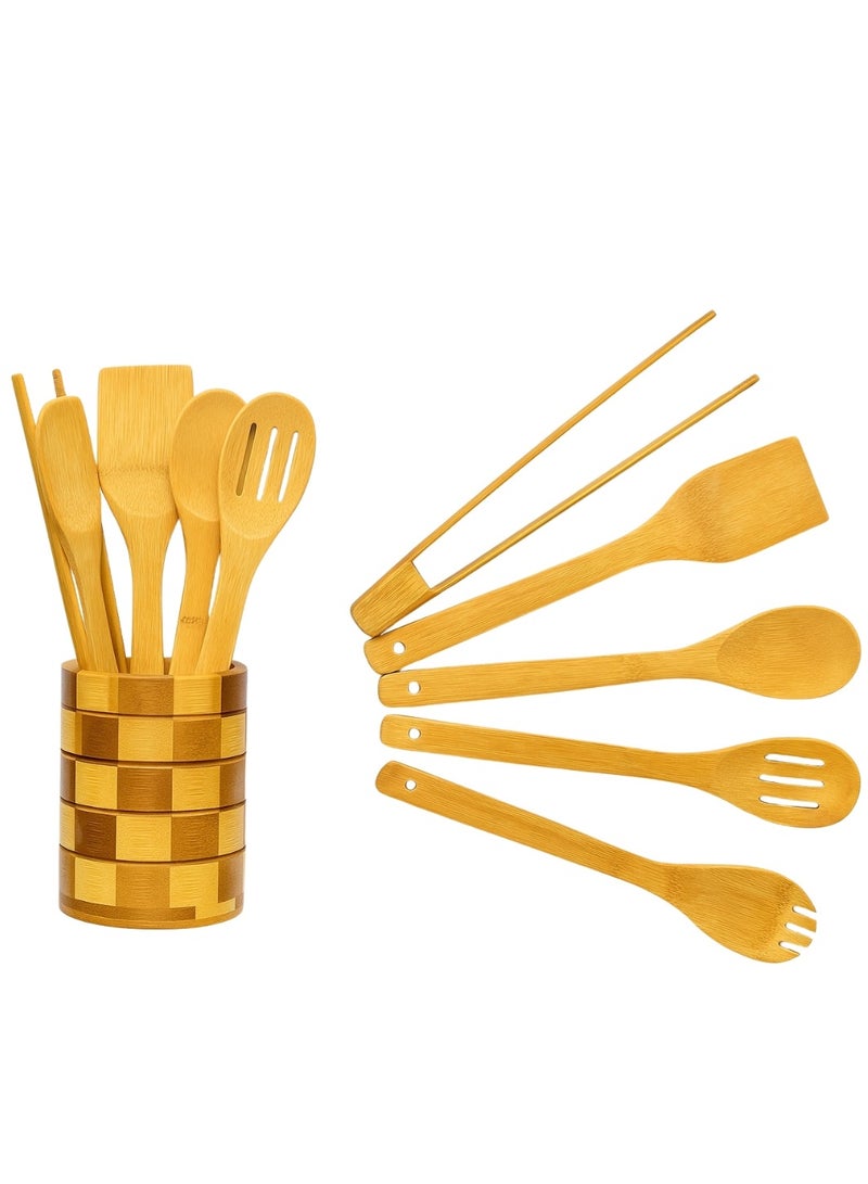 لوكاداه مجموعة أدوات طبخ خشبية من 6 قطع مع حامل - ملاعق خشبية للطهي وملاعق مسطحة، مجموعة مطبخ متينة من الخيزران لأواني الطهي غير اللاصقة، إكسسوارات مطبخ خشبية متينة مقاومة للحرارة، إكسسوارات مطبخ من الخيزران الطبيعي للاستخدام في المنزل والمطعم - Image 1