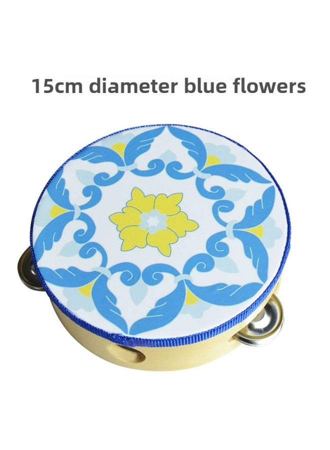 Kindergarten Small Tambourine Teachers Use Rattles Orff Teaching Materials Dance Performance Props Children's Hands To Beat Linggu-Color:15cm Diameter Blue Flowers - Image 1