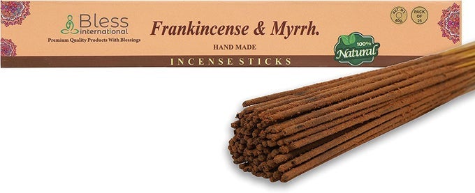 BLESSFRANKINCENSEANDMYRRH 100NATURALHANDMADEHANDDIPPEDINCENSESTICKS ORGANICCHEMICALSCHARCOALFREE PURIFICATIONRELAXATIONPOSITIVITYYOGAMEDITATION BESTWOODSSCENT 25 STICKS 40GM