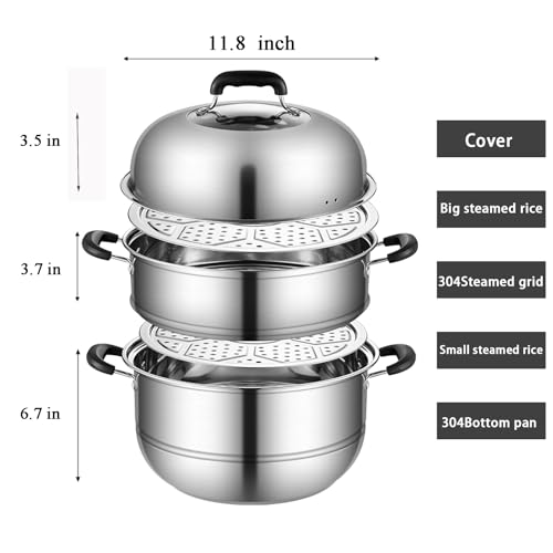 MANO وعاء بخار مانُو للطهي 11.8 بوصة مع غطاء وعاء بخار من الفولاذ المقاوم للصدأ بطبقتين أدوات طهي متعددة الاستخدامات مع مقبض للخضار، الزلابية، المرق، الصلصة، الطعام - Image 2