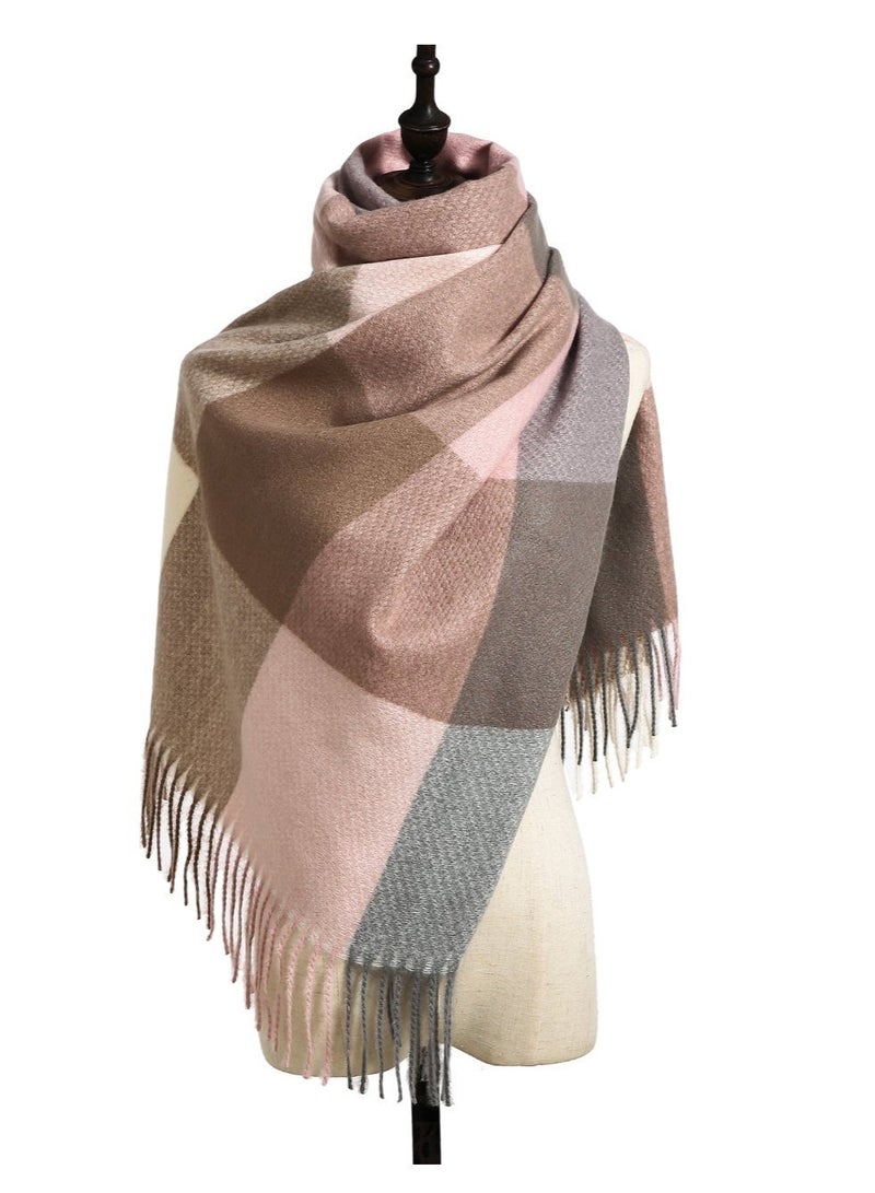 SHEIN1pc Street Ladies' Multicolor Plaid Tassel Detail Faux Cashmere Warm Fashion Shawl Scarf For Daily Wear Winter Fall, Women Winter Scarf - Image 4