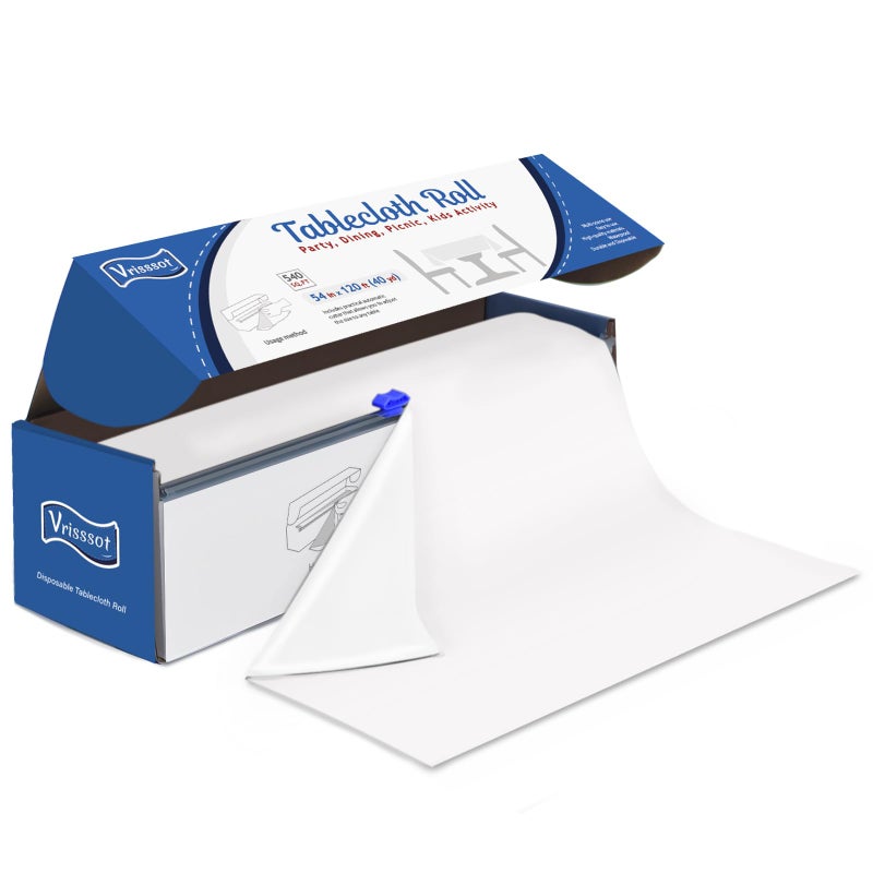 Vrisssot Vrisssot White Tablecloth Plastic Roll  54in X 120ft White Disposable Tablecloth Roll with Easy Slide Cutter White Plastic Tablecloth for Picnic Party Birthdays Fit Any Shape  Size Tables