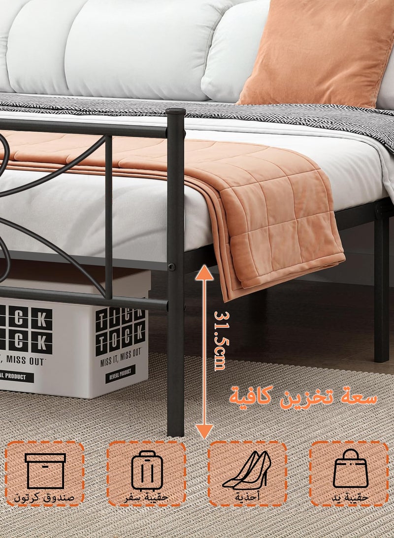 يانارا سرير معدني مزدوج قوي جدًا مقاس 90x190 سم مع مسند ظهر وقدم فني منحنَيَيْن من المعدن – سعة تحمل 250 كجم، فراغ تخزين تحت السرير 31.5 سم، لا حاجة لصندوق زنبركي (بوكس سبرينج) (أسود) - Image 4