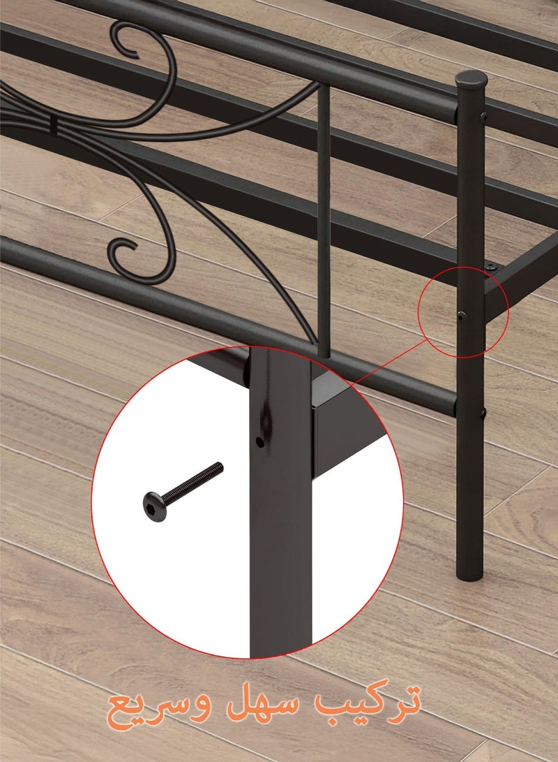 يانارا سرير معدني مزدوج قوي جدًا مقاس 90x190 سم مع مسند ظهر وقدم فني منحنَيَيْن من المعدن – سعة تحمل 250 كجم، فراغ تخزين تحت السرير 31.5 سم، لا حاجة لصندوق زنبركي (بوكس سبرينج) (أسود) - Image 5