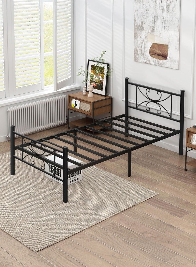 يانارا سرير معدني مزدوج قوي جدًا مقاس 90x190 سم مع مسند ظهر وقدم فني منحنَيَيْن من المعدن – سعة تحمل 250 كجم، فراغ تخزين تحت السرير 31.5 سم، لا حاجة لصندوق زنبركي (بوكس سبرينج) (أسود) - Image 2