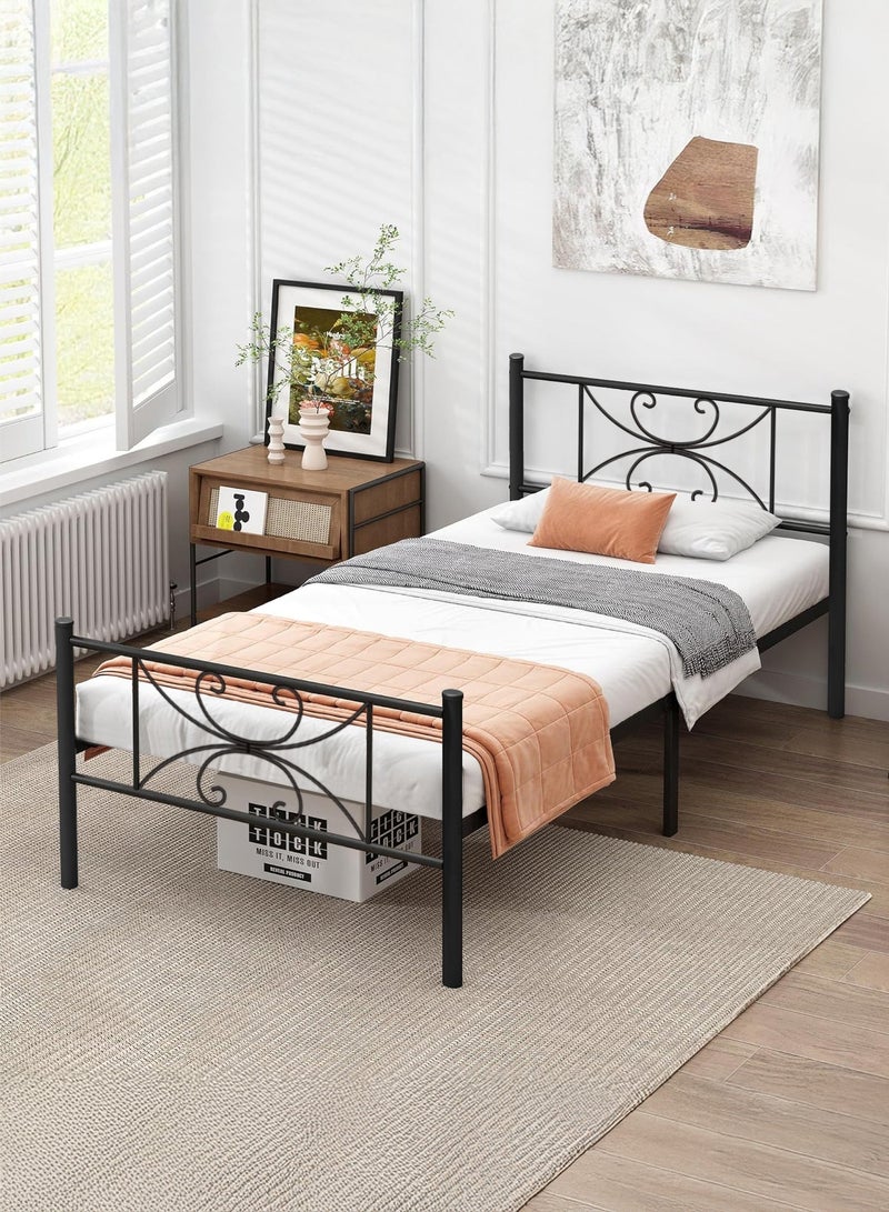 يانارا سرير معدني مزدوج قوي جدًا مقاس 90x190 سم مع مسند ظهر وقدم فني منحنَيَيْن من المعدن – سعة تحمل 250 كجم، فراغ تخزين تحت السرير 31.5 سم، لا حاجة لصندوق زنبركي (بوكس سبرينج) (أسود) - Image 1