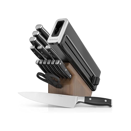 Ninja K52015 Foodi NeverDull 15 Piece Premium Knife System, Wood Series Block, German Stainless Steel, with Built-in Sharpener, Stainless Steel/Walnut - Image 1