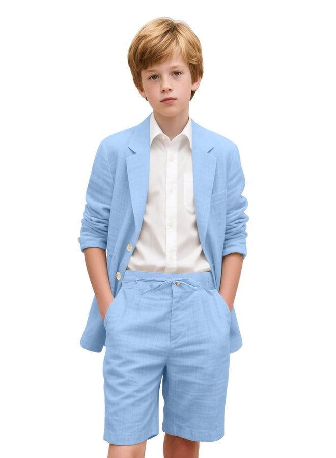 BOFAN بدلة بوفان للأولاد من الكتان 2 قطعة بتصميم نحيف باللون الأزرق السماوي للأولاد 12-14 بدلة توكسيدو عتيقة مع سترة وسروال قصير بخيوط مرنة مجموعة ملابس صيفية ربيعية لحفلات الزفاف مقاس 14 - Image 1