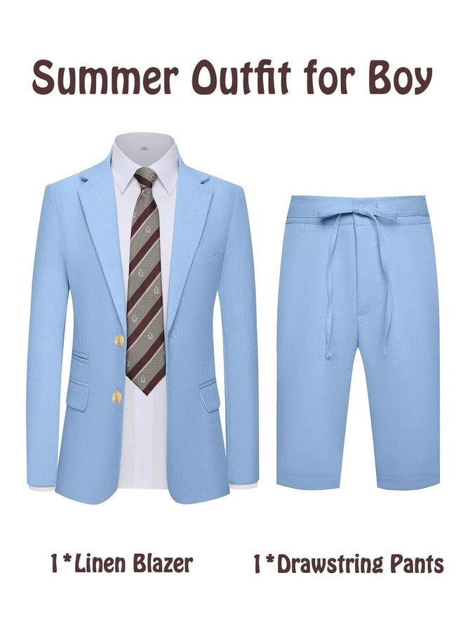 BOFAN بدلة بوفان للأولاد من الكتان 2 قطعة بتصميم نحيف باللون الأزرق السماوي للأولاد 12-14 بدلة توكسيدو عتيقة مع سترة وسروال قصير بخيوط مرنة مجموعة ملابس صيفية ربيعية لحفلات الزفاف مقاس 14 - Image 3
