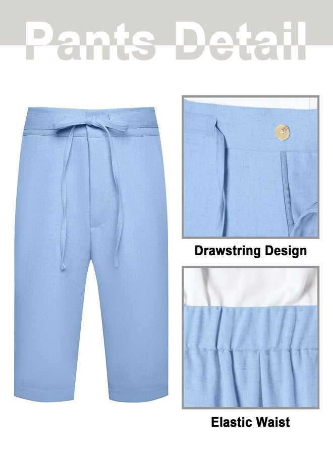 BOFAN بدلة بوفان للأولاد من الكتان 2 قطعة بتصميم نحيف باللون الأزرق السماوي للأولاد 12-14 بدلة توكسيدو عتيقة مع سترة وسروال قصير بخيوط مرنة مجموعة ملابس صيفية ربيعية لحفلات الزفاف مقاس 14 - Image 5