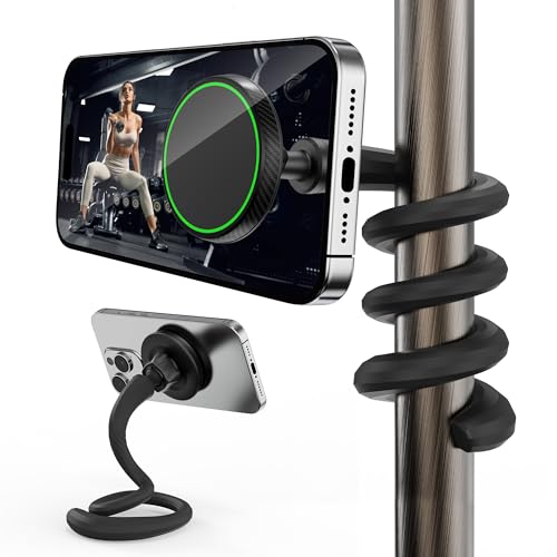 NINEFATICS Flexible Phone Holder for Treadmill, Magnetic Gooseneck Cell Phone Mount Compatible w/ MagSafe, iPhone 17-12 & Android, Silicone Stand for Spin Bike Stroller Wheelchair Shopping Cart - Gym Accessories - Image 1